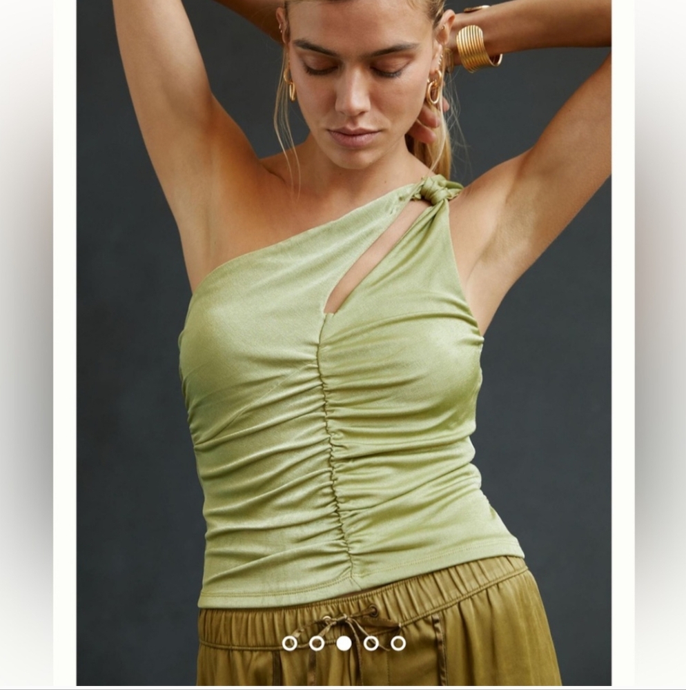 Anthropologie Pale Green Shimery Asymmetrical Strap Top-large